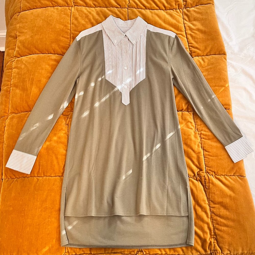 Olive Green Pinstripe Tuxedo Style Long Sleeve Shirtdress Size SMALL